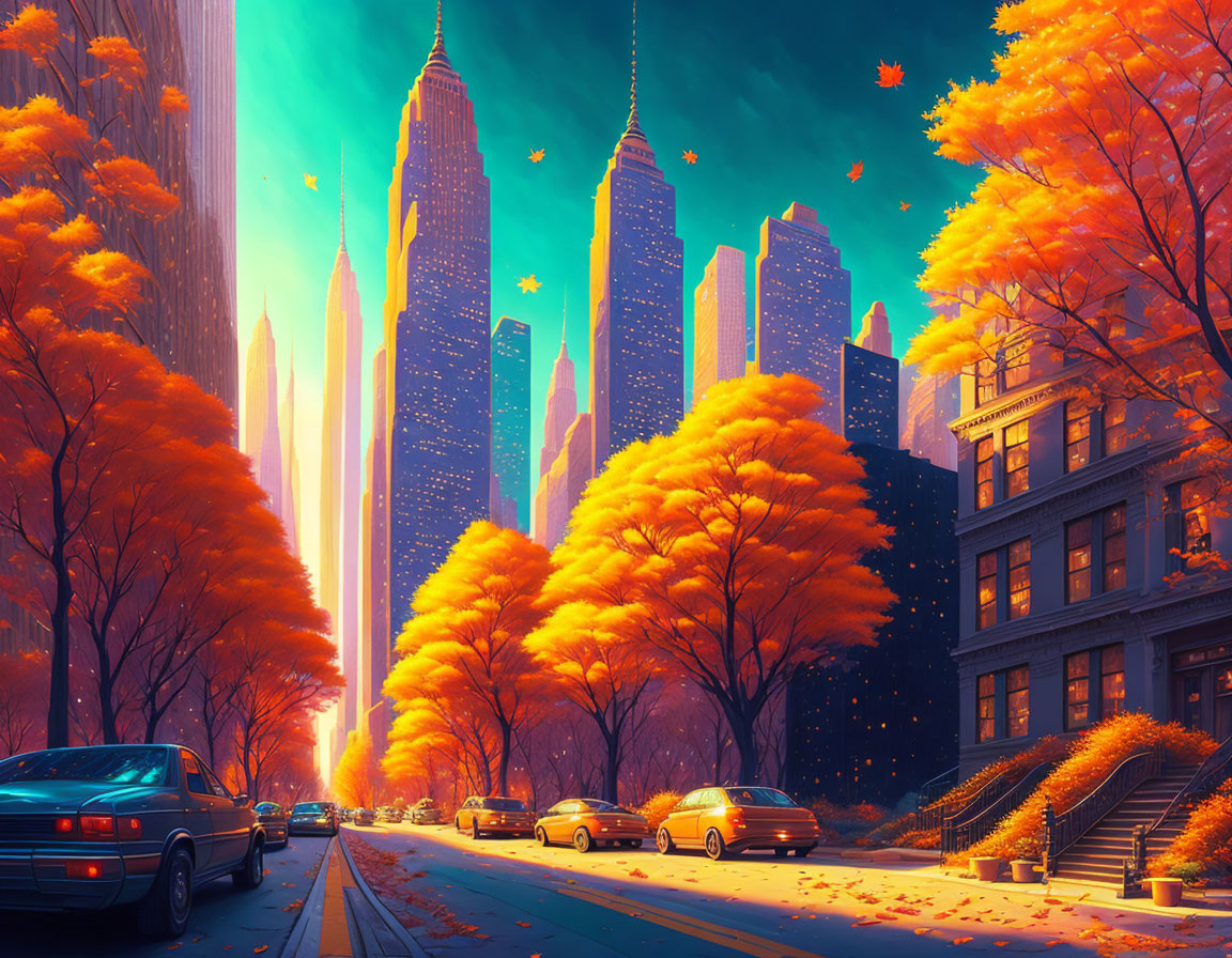 Cityscape with golden-orange autumn trees and high-rise buildings