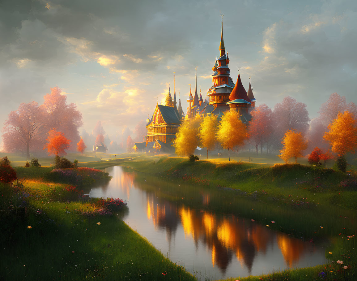 Ornate castle spires reflected in tranquil river amid autumn trees at sunset