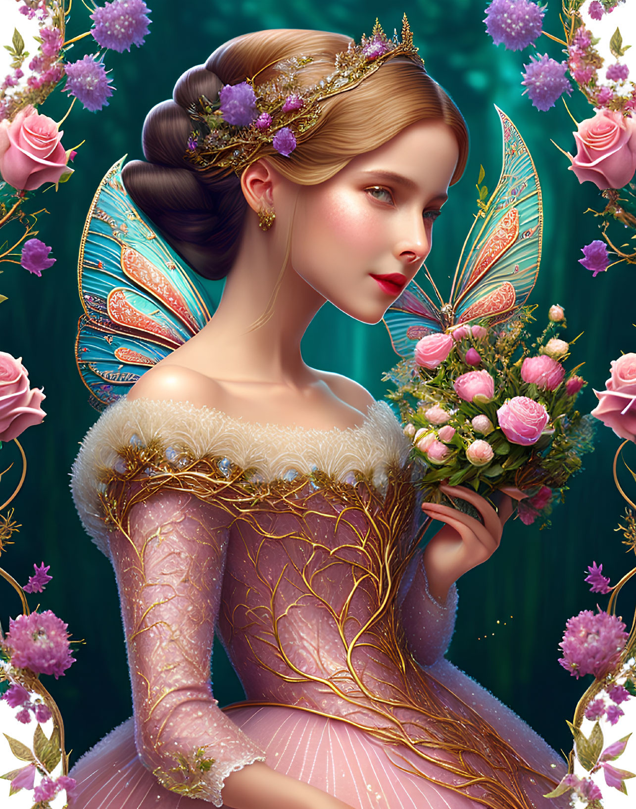 Digital artwork of woman with butterfly wings in pink gown and flowers on floral background