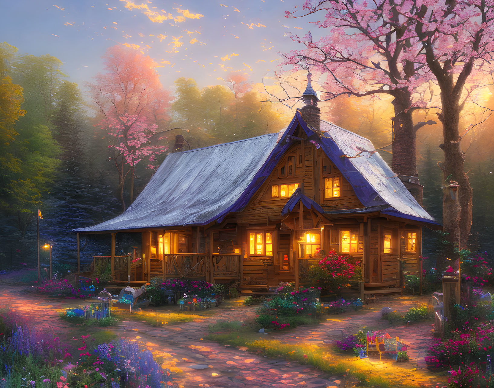 Charming wooden cottage in lush garden at sunrise