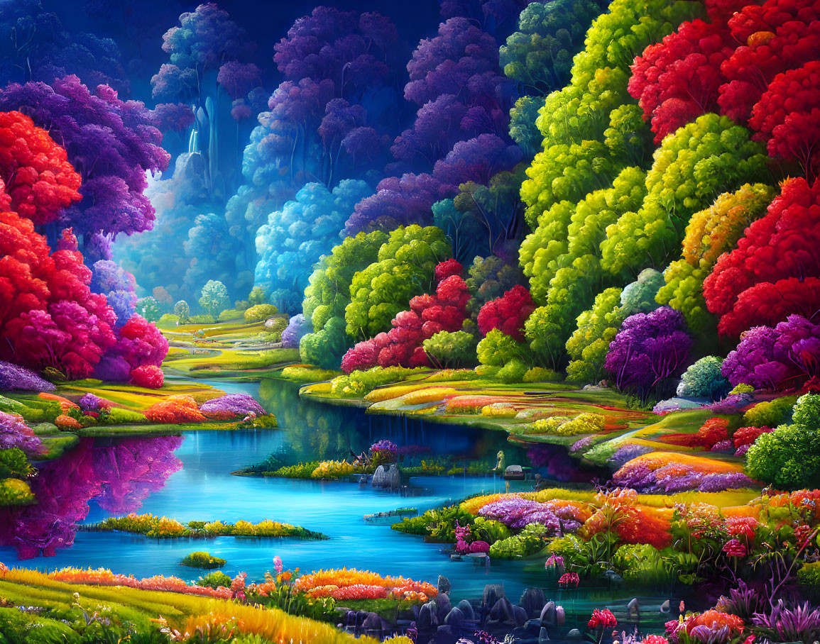 Colorful Foliage and Waterfall in Fantastical Woodland