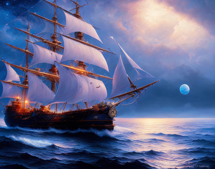 Majestic ship with full sails under starlit sky and full moon