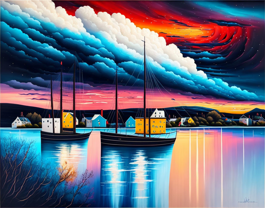 Colorful Sailboats Painting in Seaside Village with Dramatic Sky