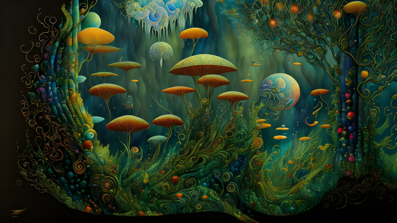 Luminescent mushrooms, swirling plants, and jellyfish in enchanted underwater scene