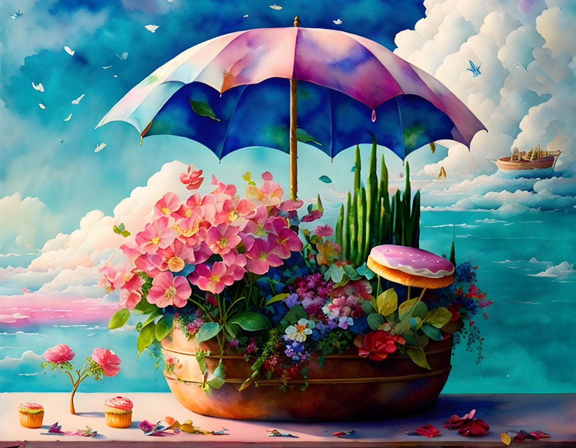 Colorful artwork: whimsical flowerpot under an umbrella in dreamy sky