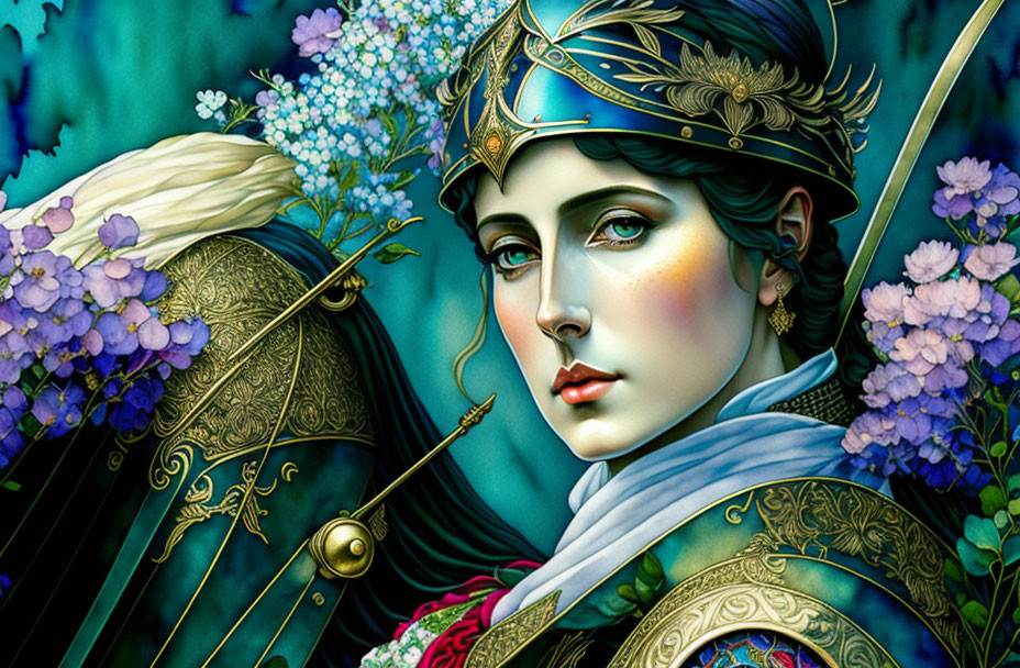 Illustrated woman with blue headpiece and golden crown in armor, holding golden sword among blue and purple