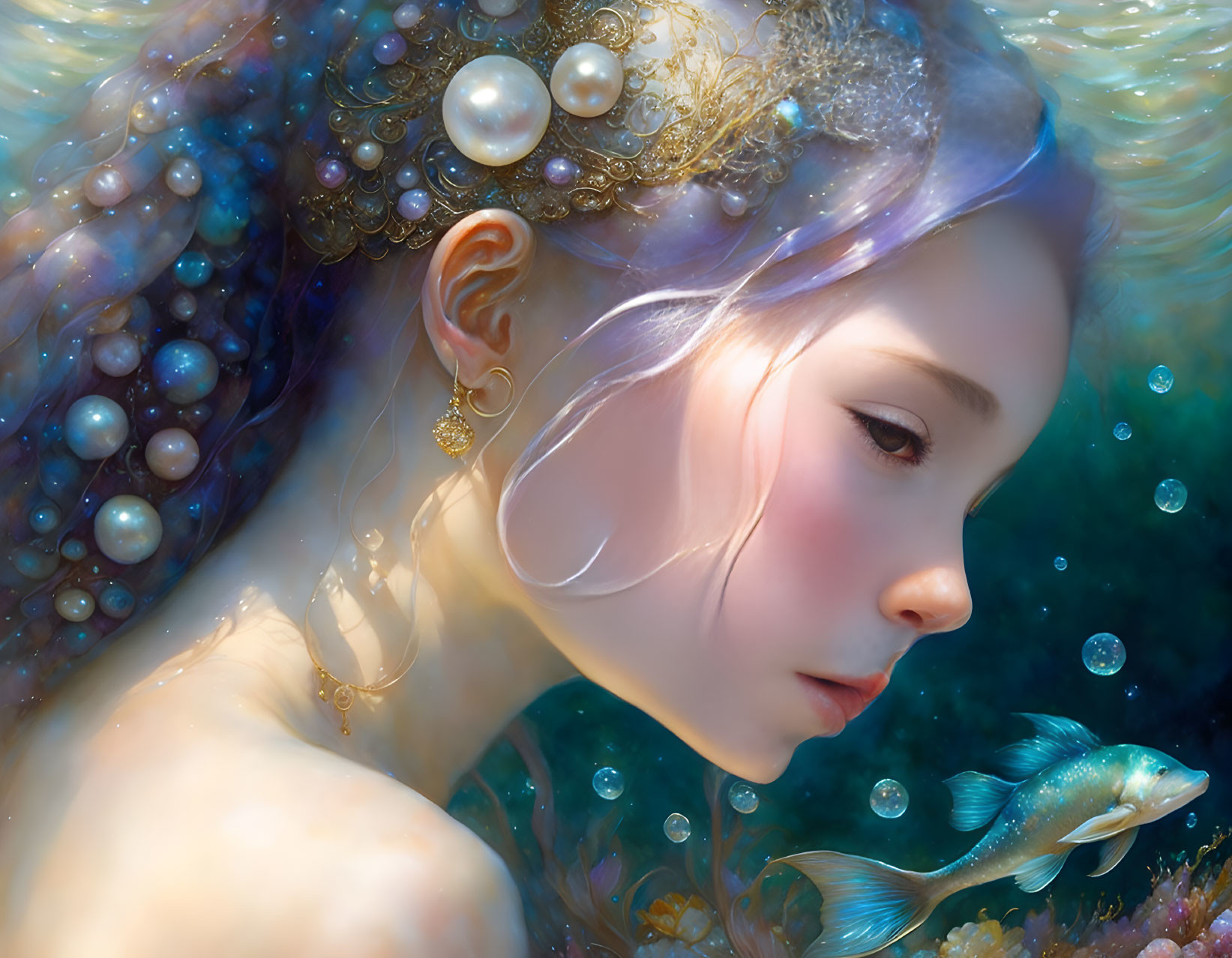 Ethereal mermaid with pearl ornaments in luminous underwater scene