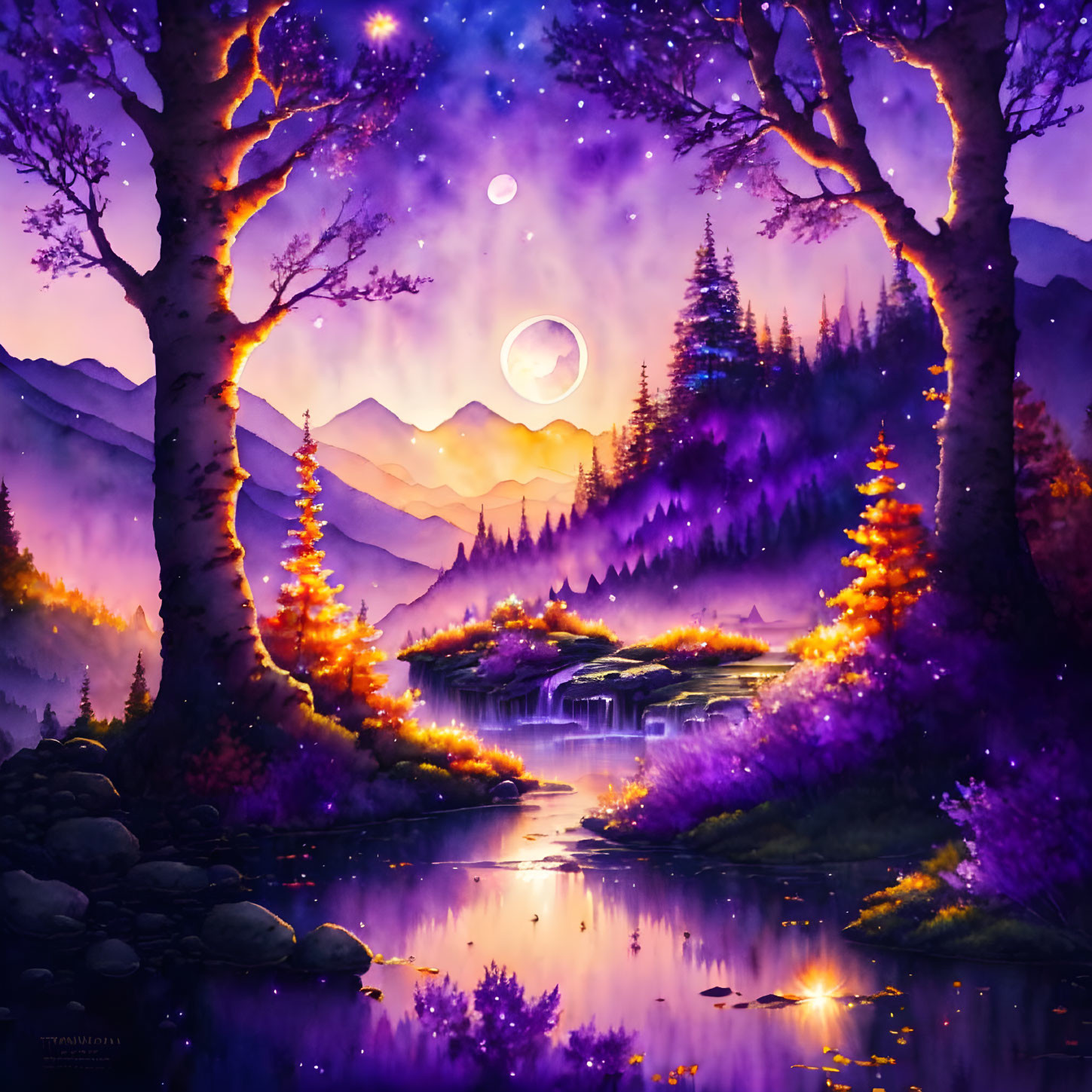 Vibrant fantasy landscape with purple hues, two trees, river, mountains, full moon.