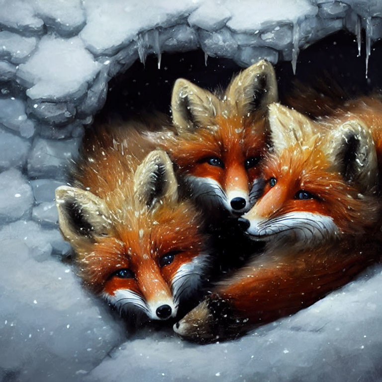 Three foxes in snow-covered den with icicles