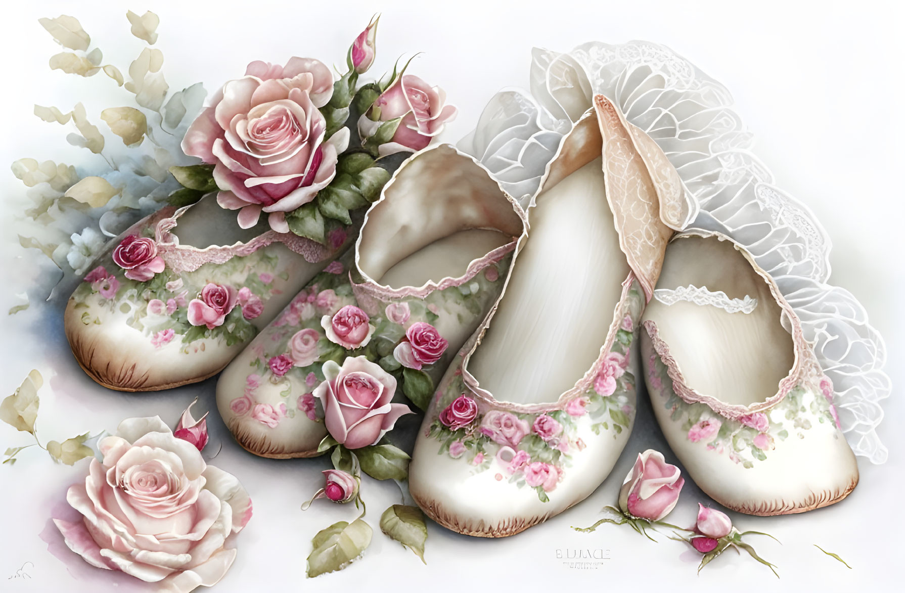 Floral-patterned ballet shoes painting with roses and lace background