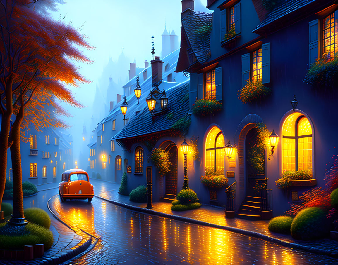 Twilight scene: Cobblestone street with vintage car, glowing lights, autumn trees