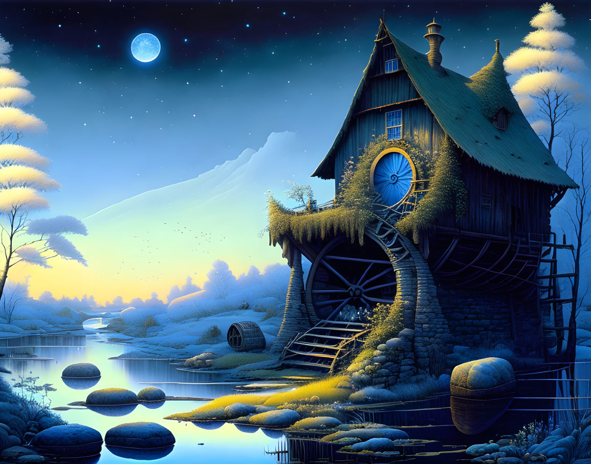 Moonlit night scene with wooden windmill near serene river