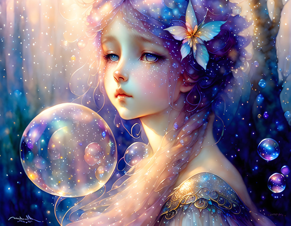 Illustration of girl with blue eyes, bubbles, butterfly in mystical forest