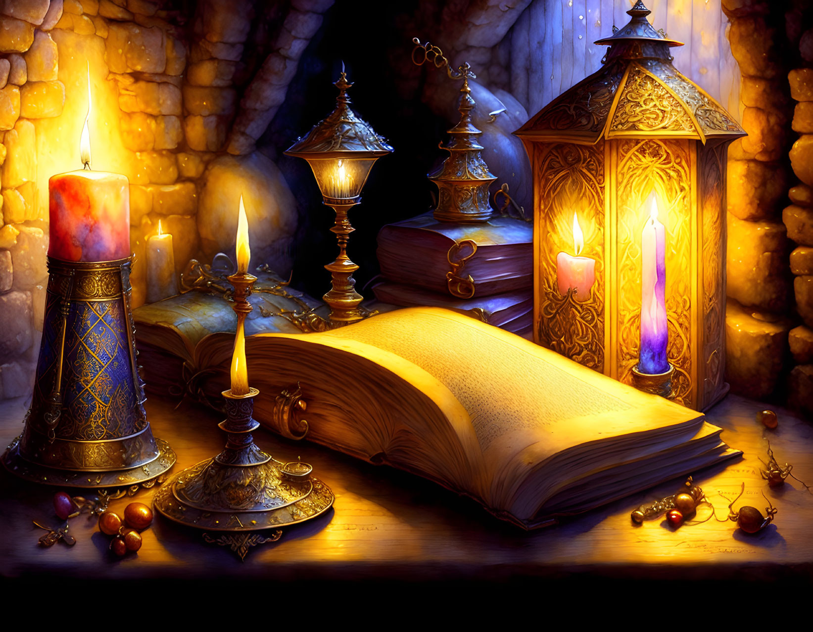 Open book on table with candles, lanterns, and beads creating mystical ambiance