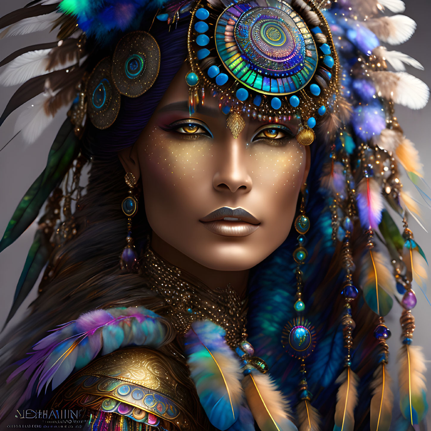 Vibrant feather headdress and regal aura in digital portrait