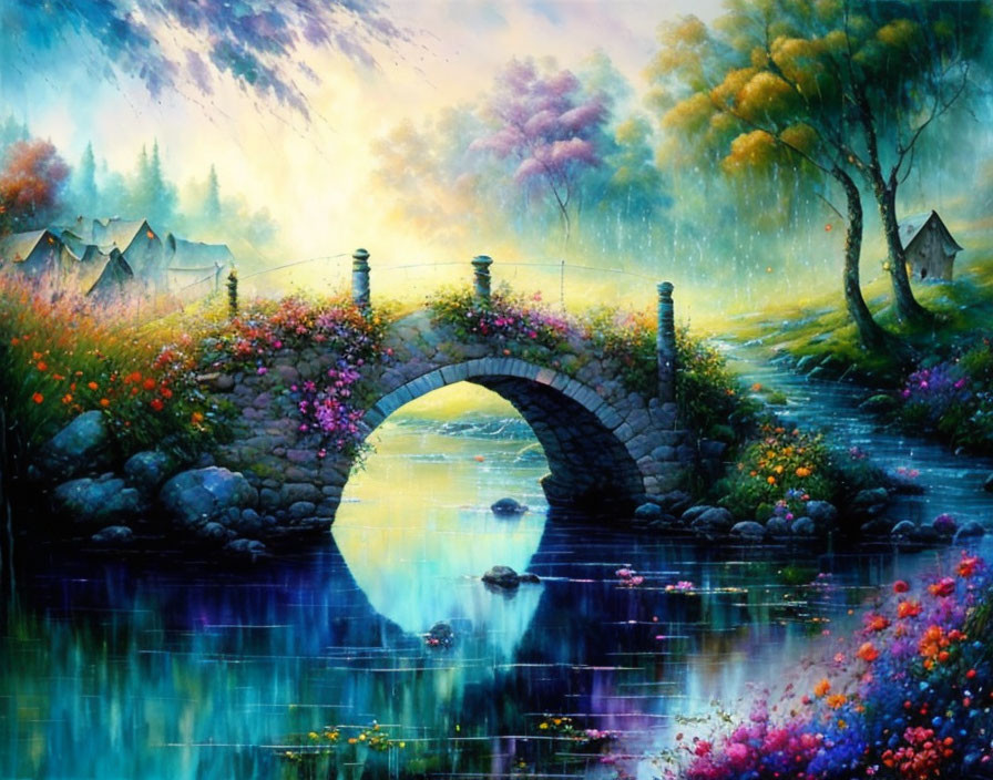 Scenic painting of stone bridge over river with lush foliage