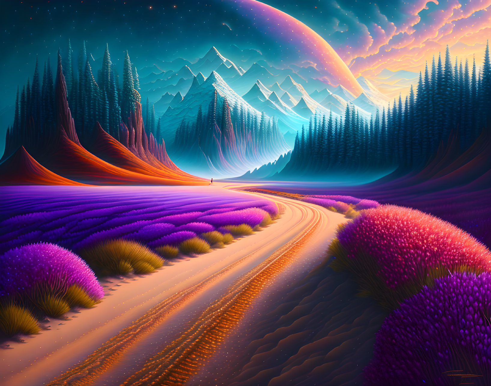 Colorful Digital Artwork: Winding Path Through Fantasy Flora, Cosmic Background