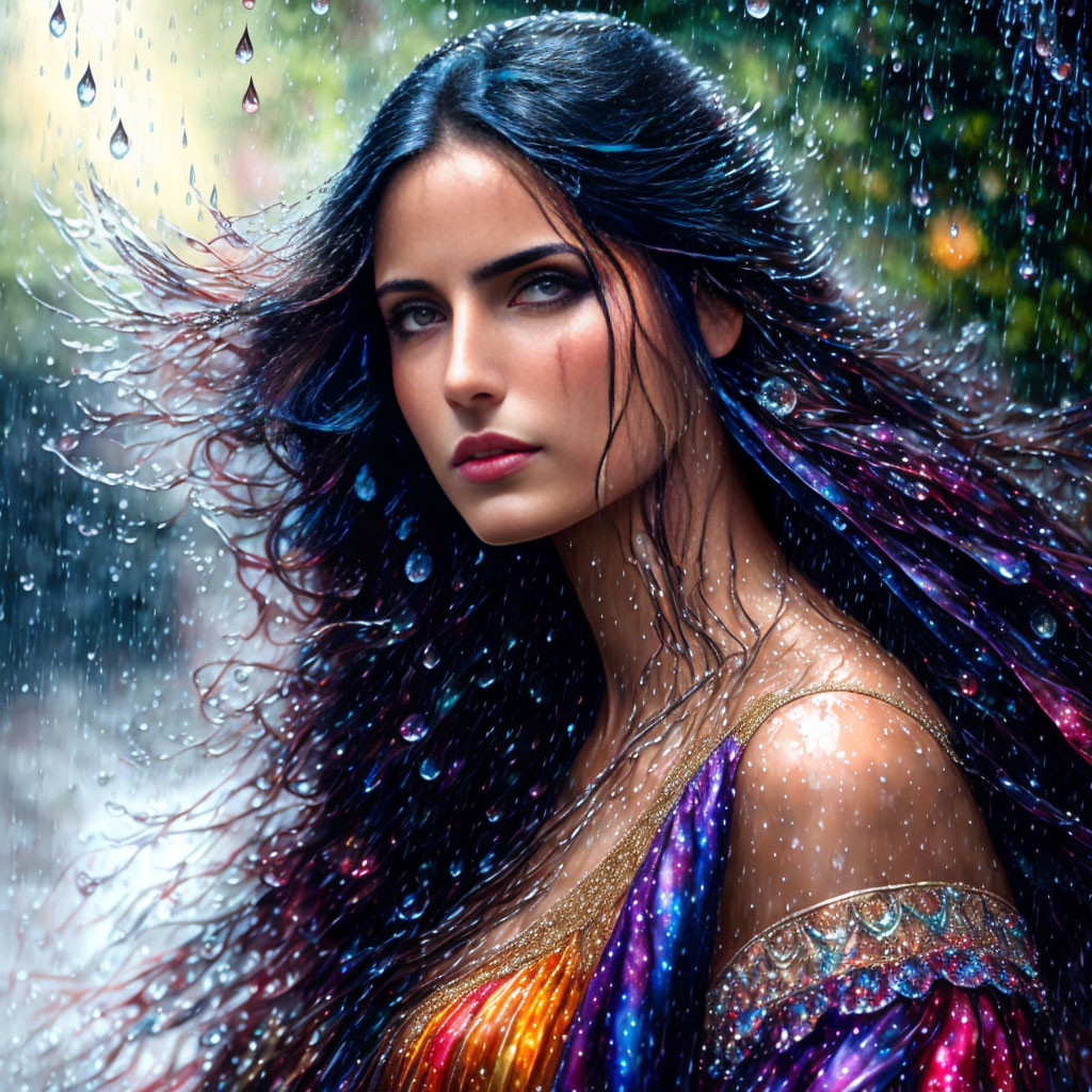 Dark-haired woman with striking blue eyes in vibrant rain-dappled setting