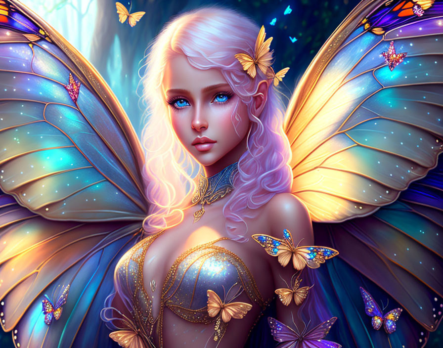 Fantasy fairy with iridescent wings in enchanted forest.