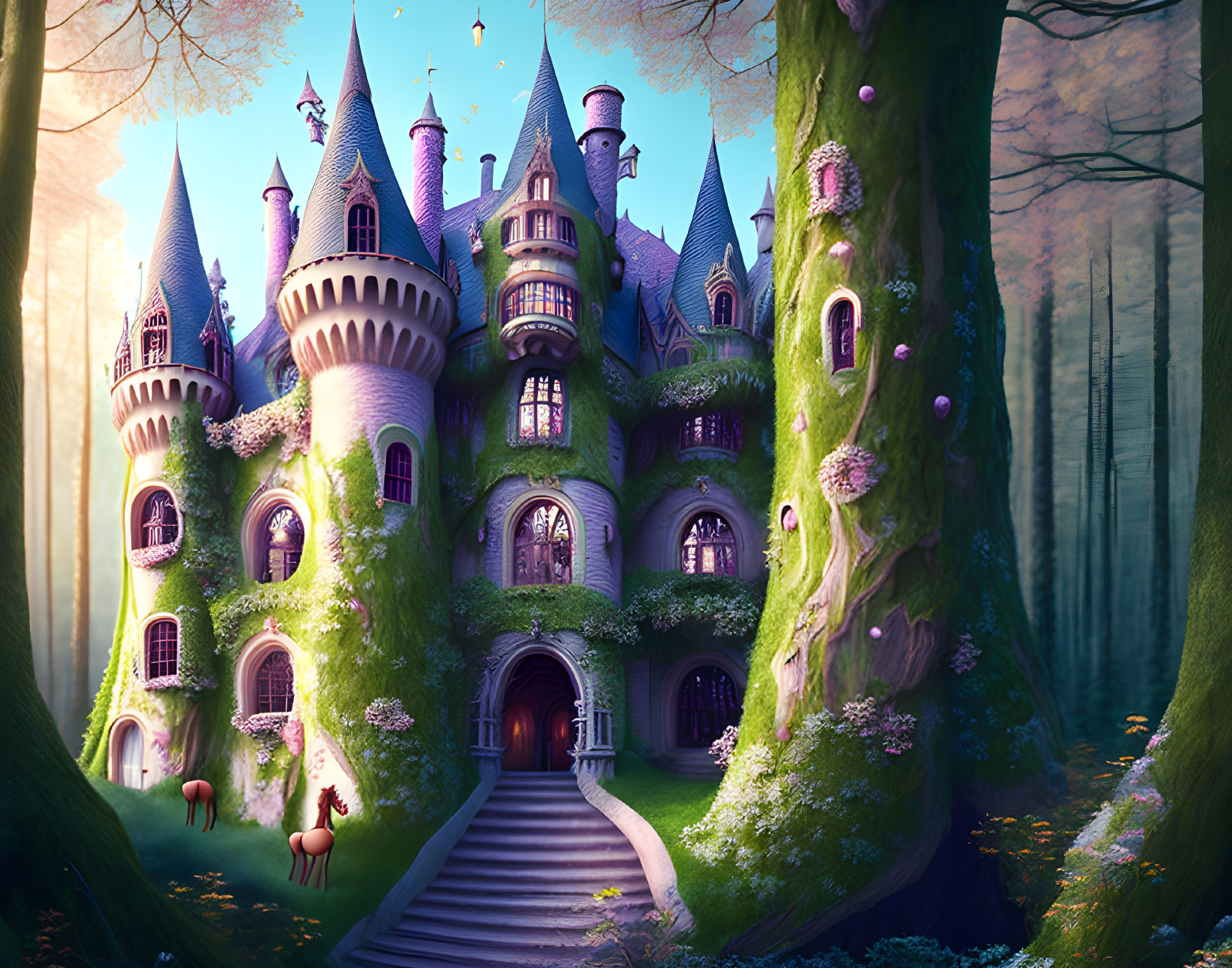 Mystical forest castle with ivy-covered towers and horse