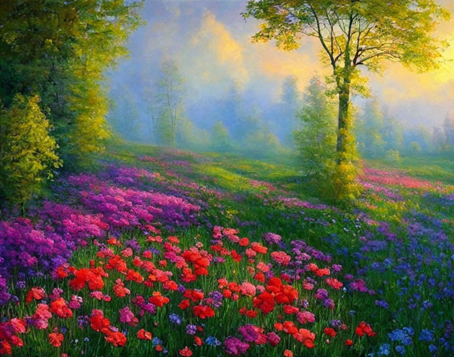 Colorful Meadow Painting with Red, Purple, and Blue Flowers and Sunlit Tree Canopy