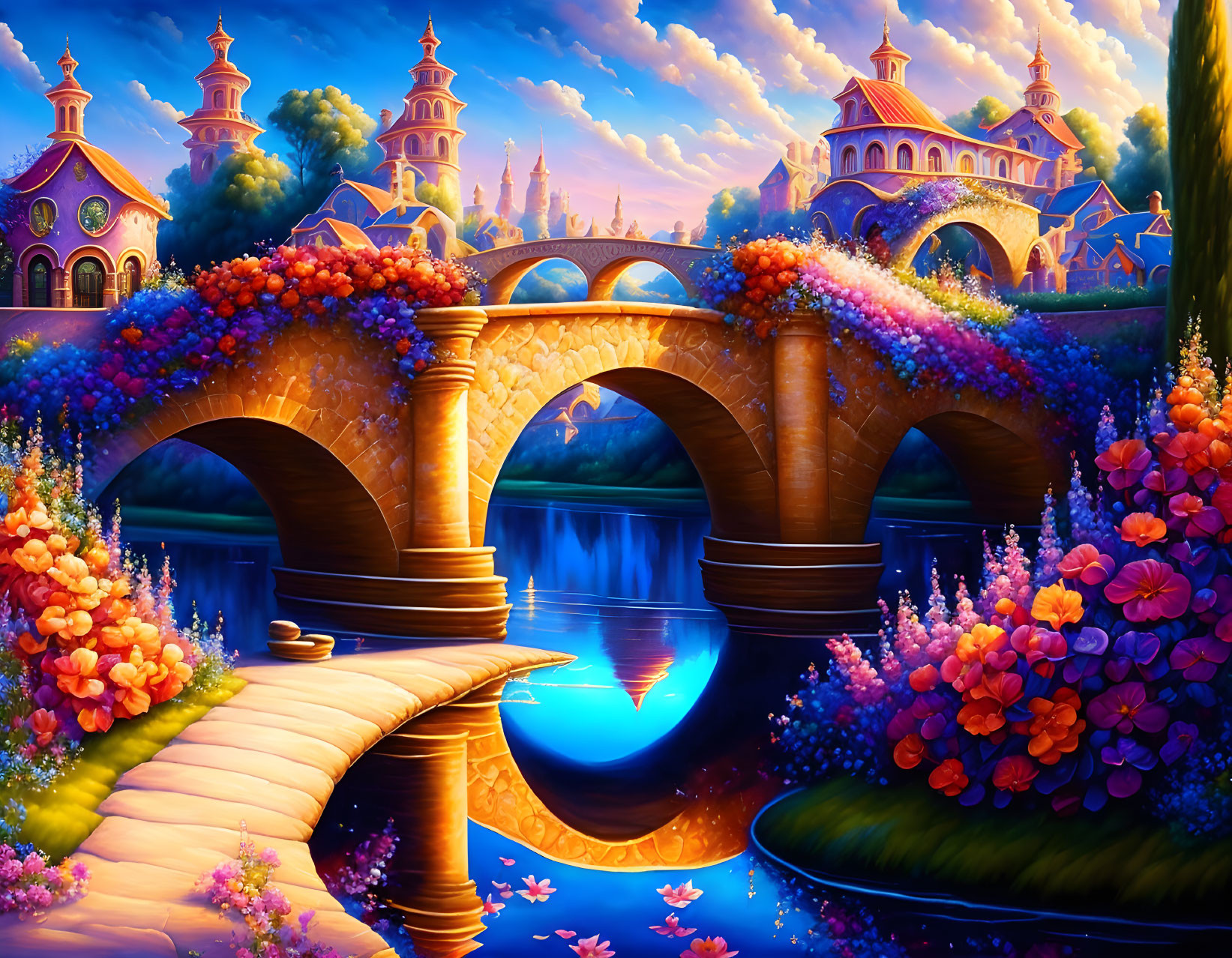 Fantasy landscape with stone bridge, river, flowers, and whimsical buildings at dusk