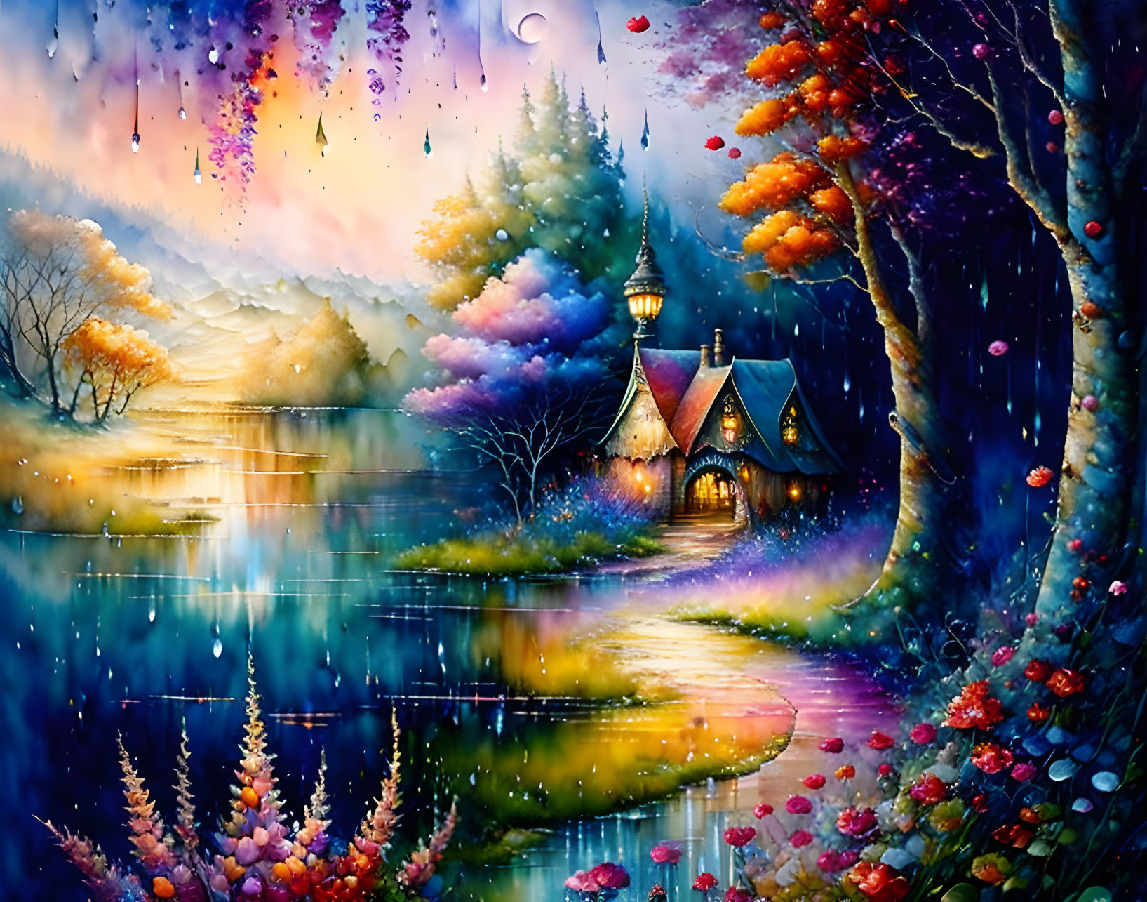 Colorful Fantasy Landscape with Cozy Cottage by Serene Lake