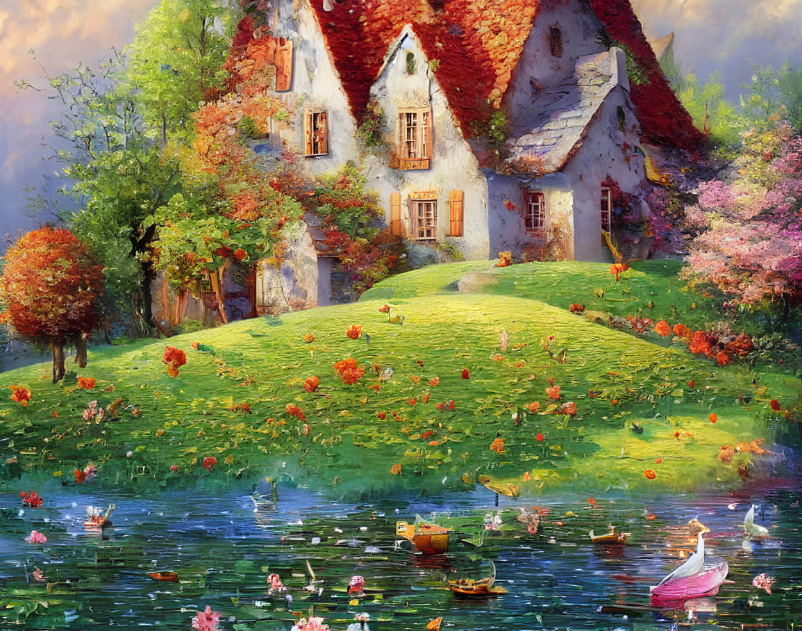 Charming cottage by pond with blooming flowers and swan