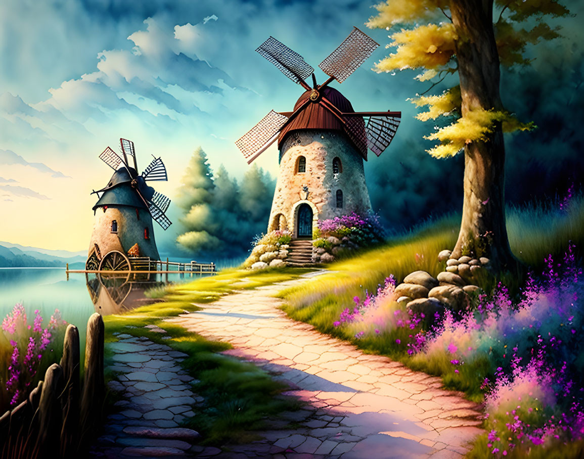 Illustration of two windmills by a path with vibrant flowers under a soft sunset sky