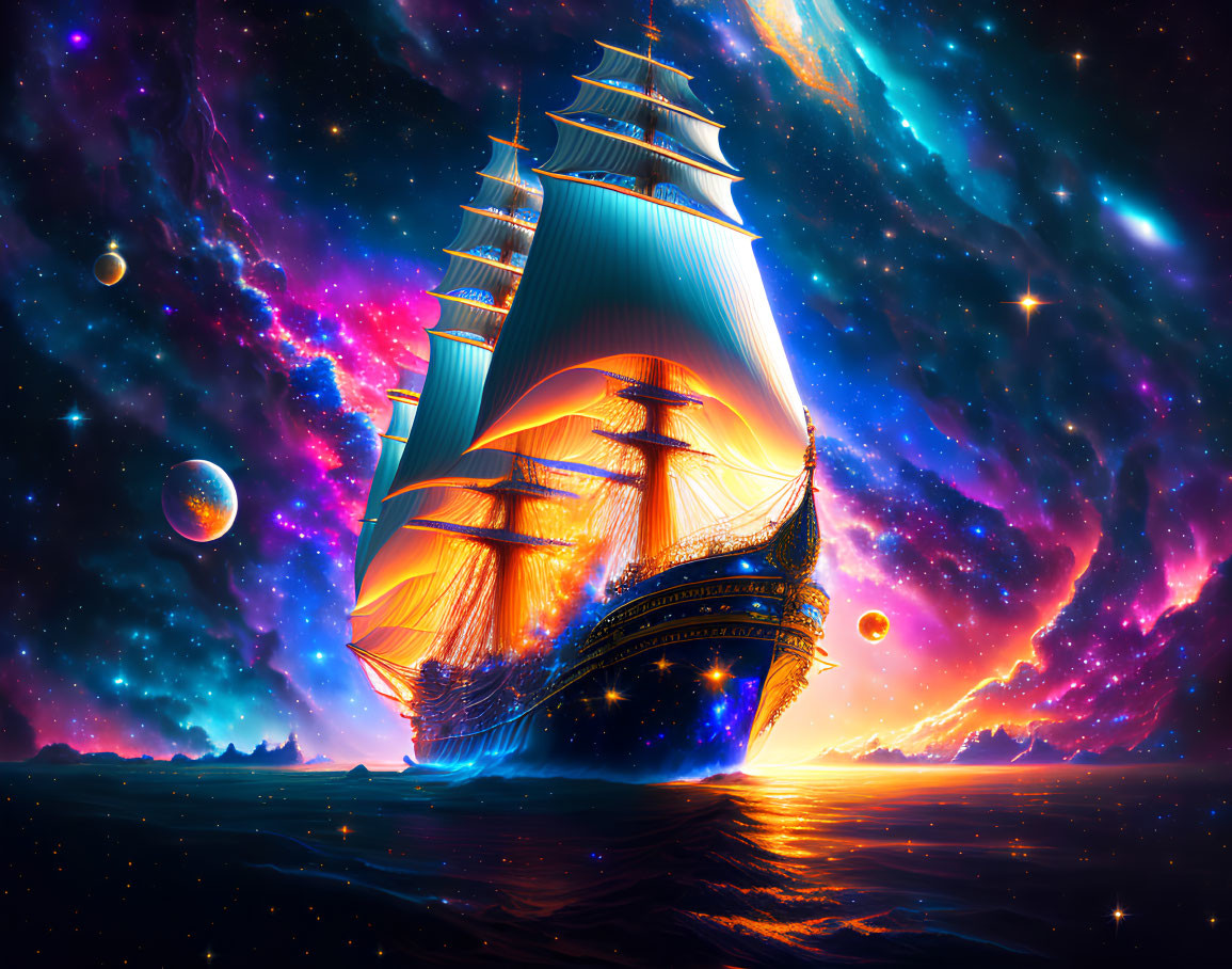 Tall ship sailing on cosmic ocean with nebulae and planets