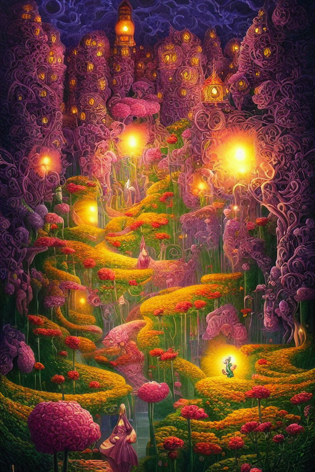 Vividly colored painting of mystical figures in enchanted forest