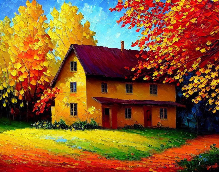 Colorful Autumn Scene: Yellow House, Red Roof, Vibrant Trees