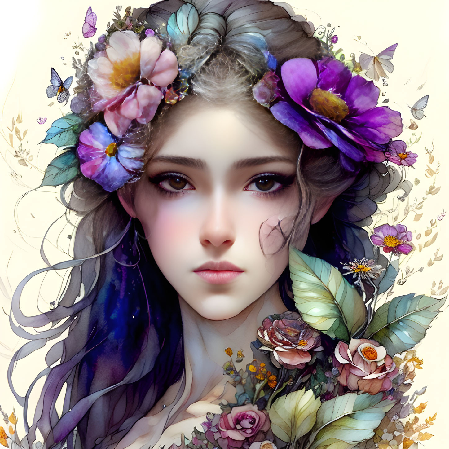 Illustration of Woman with Floral Wreath in Hair, Colorful Blend, Detailed Flowers