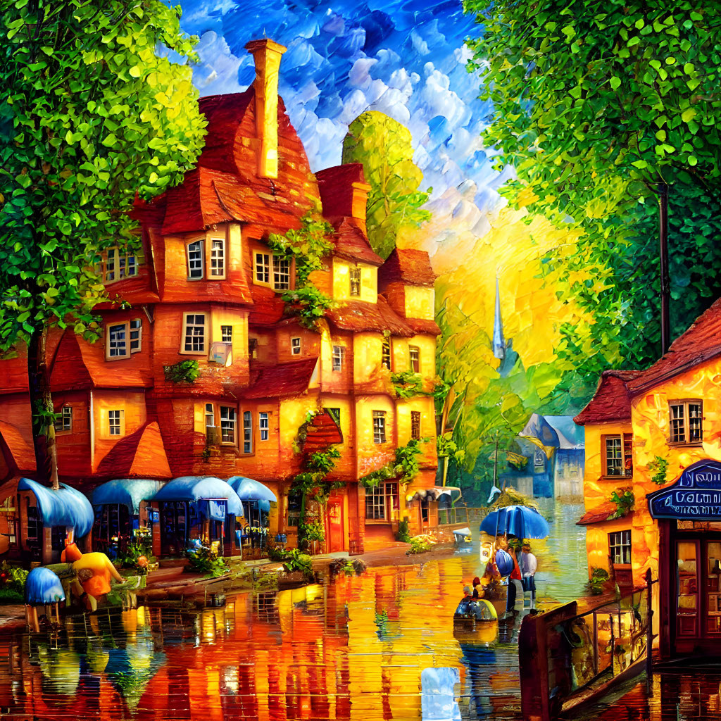 Colorful painting: Quaint village, cobblestone streets, half-timbered buildings,