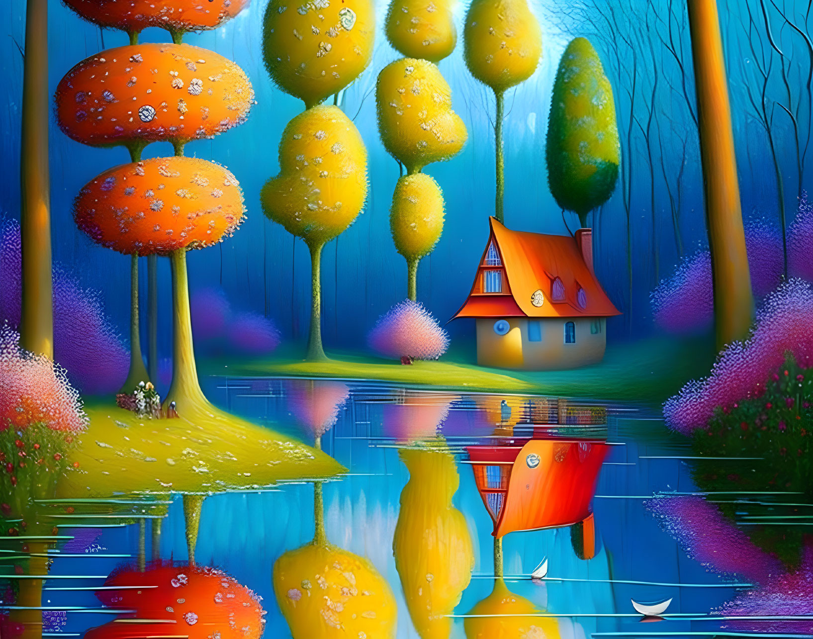 Colorful whimsical illustration: Small house, red roof, reflective lake, exaggerated trees