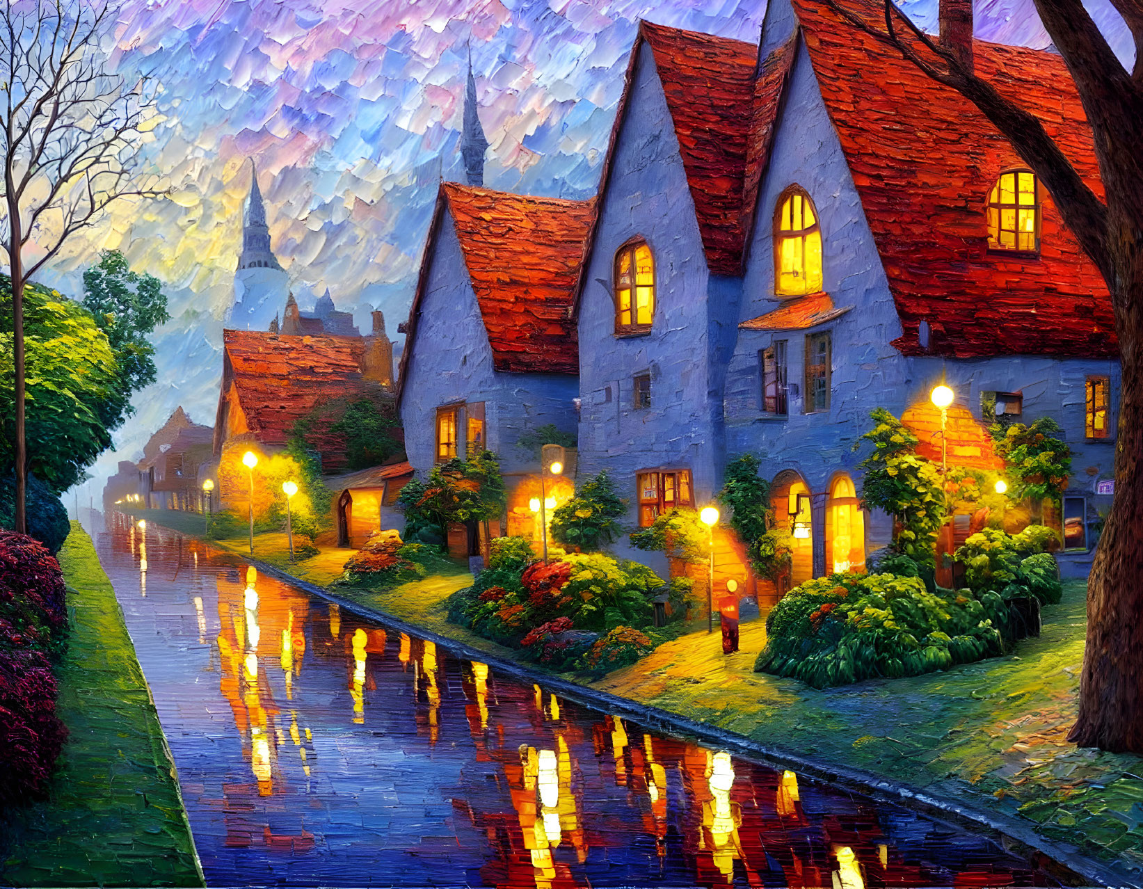 Charming Street Scene at Dusk with Illuminated Buildings