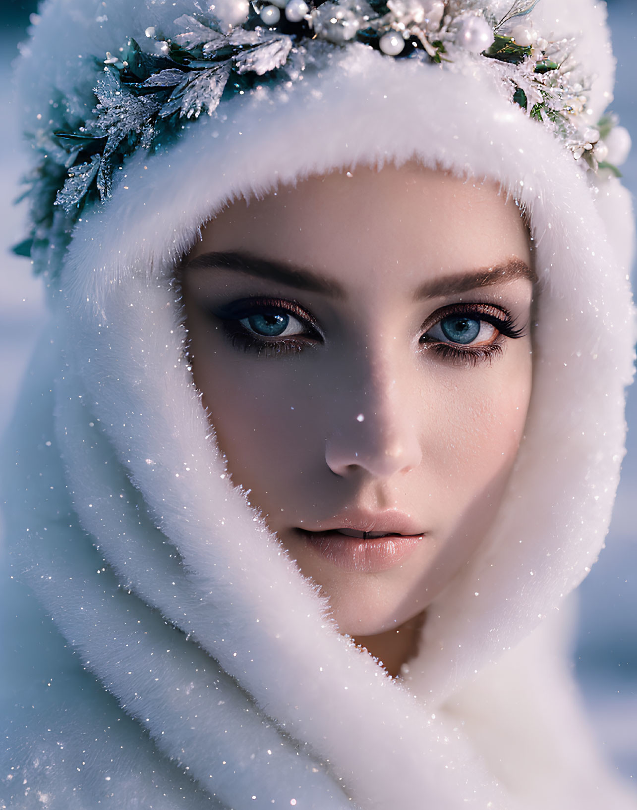 Close-up portrait of person with sparkling blue eyes and white fur hood with frosty sprigs.