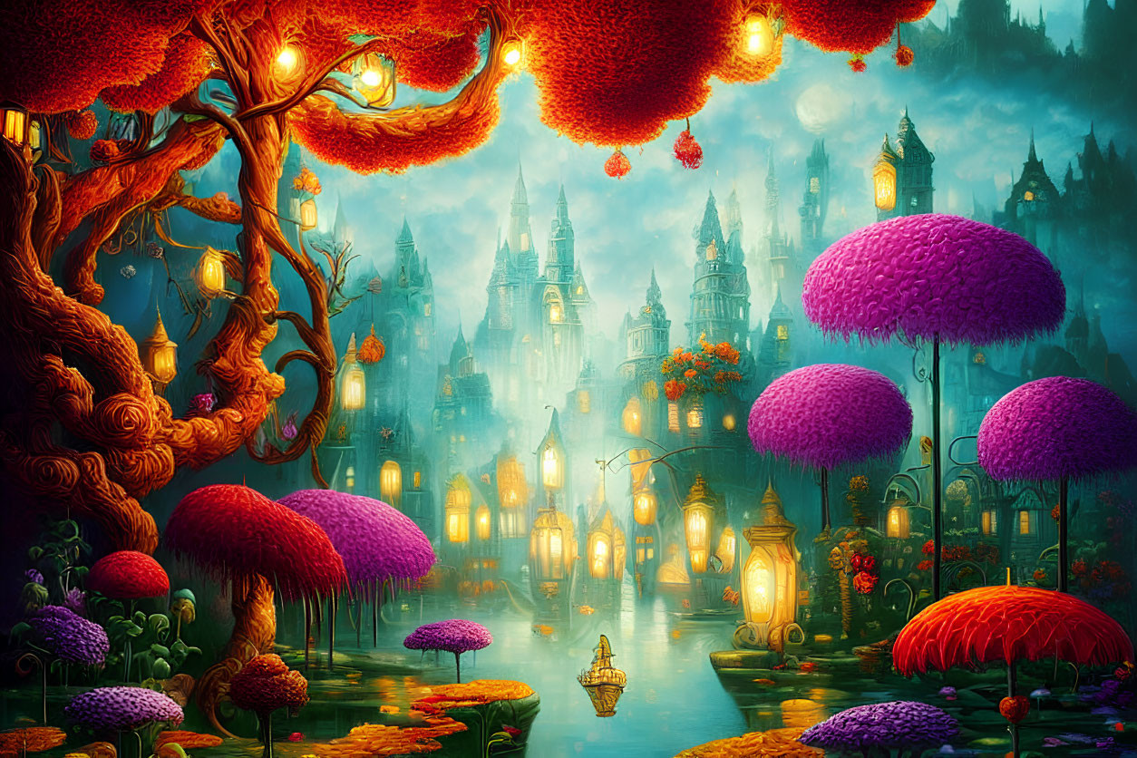 Colorful fantasy landscape with illuminated castle, glowing lanterns, and serene waterway