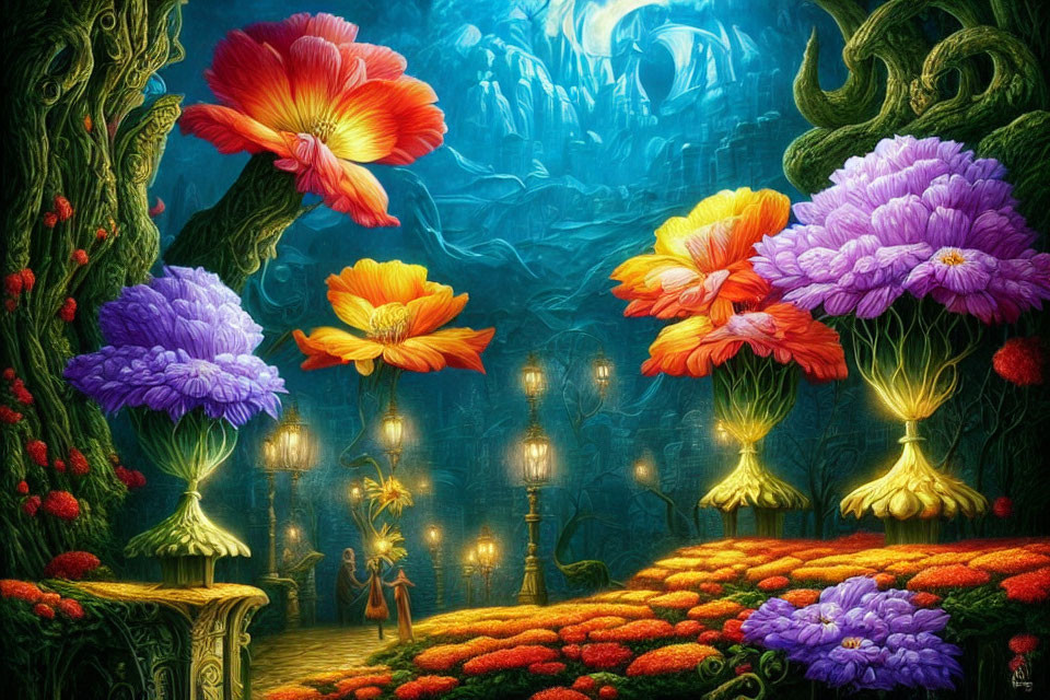 Colorful Fantasy Garden with Oversized Flowers and Glowing Mushrooms