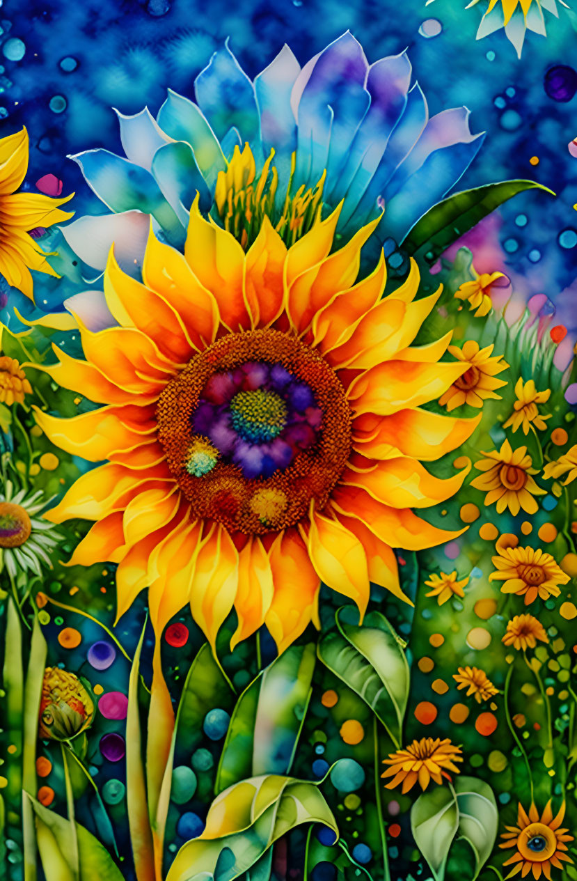 Colorful painting of sunflower with blue and white flowers and whimsical texture.