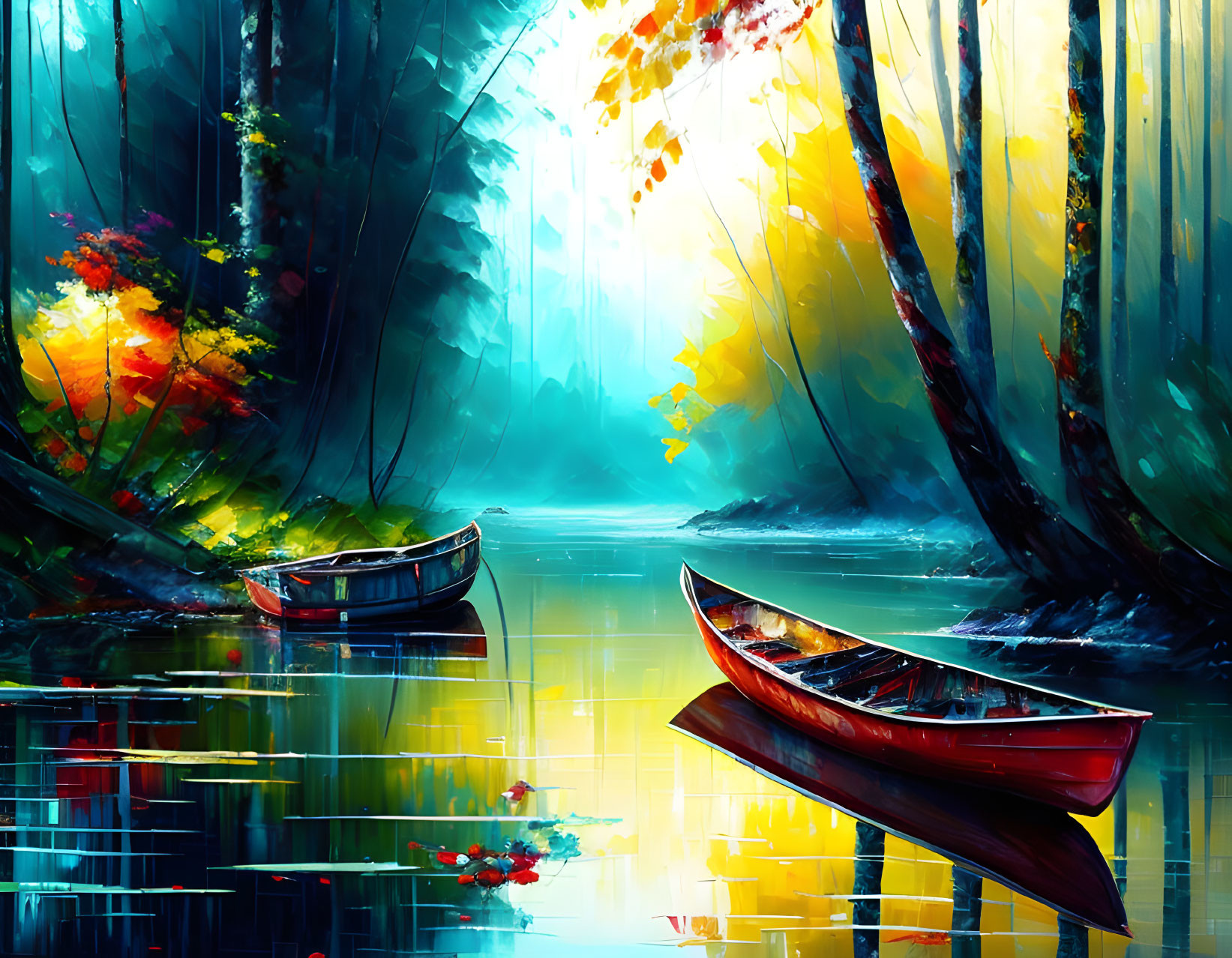 Vibrant forest scene with two boats on calm lake