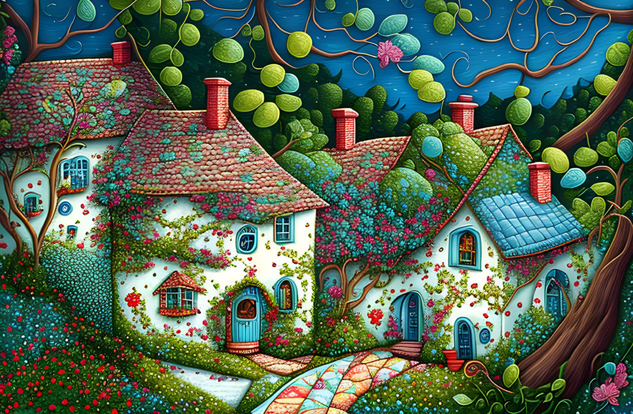 Colorful Cottage Illustration in Lush Green Landscape