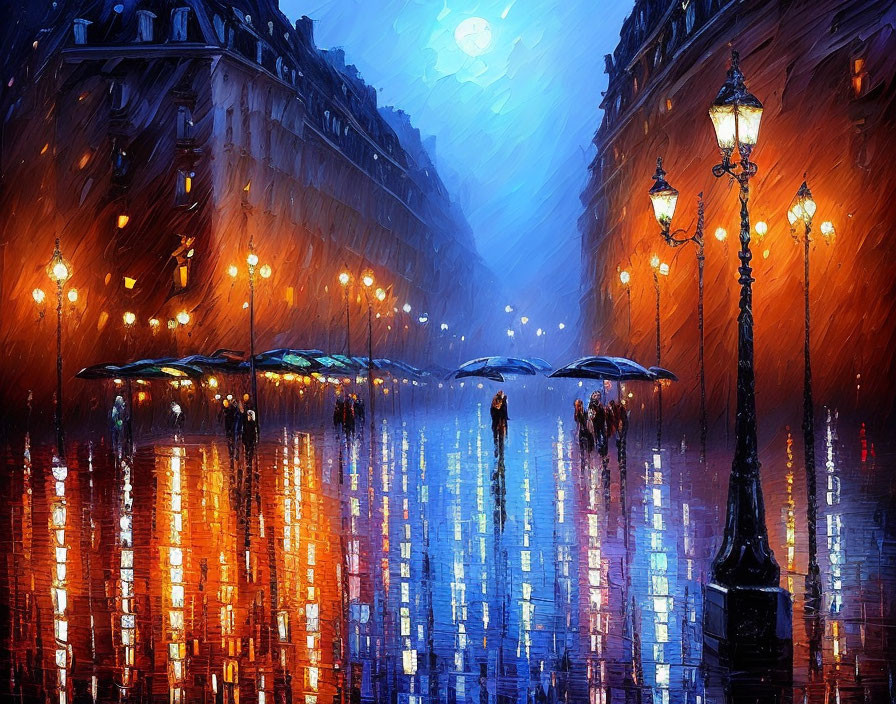 Impressionistic rainy city street scene at night with people under umbrellas and warm street lights.