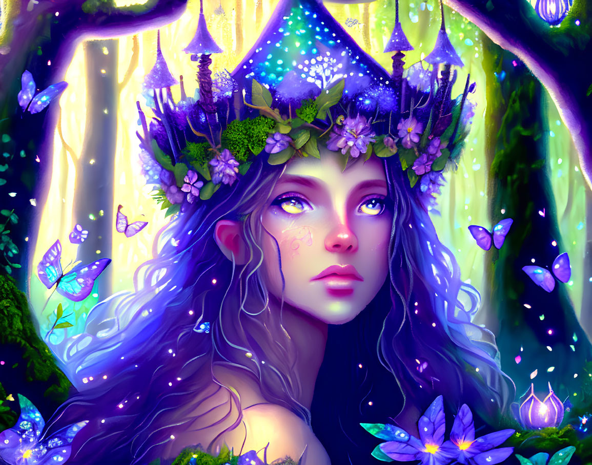 Illustration of woman with floral crown and stars, butterflies in mystical forest.