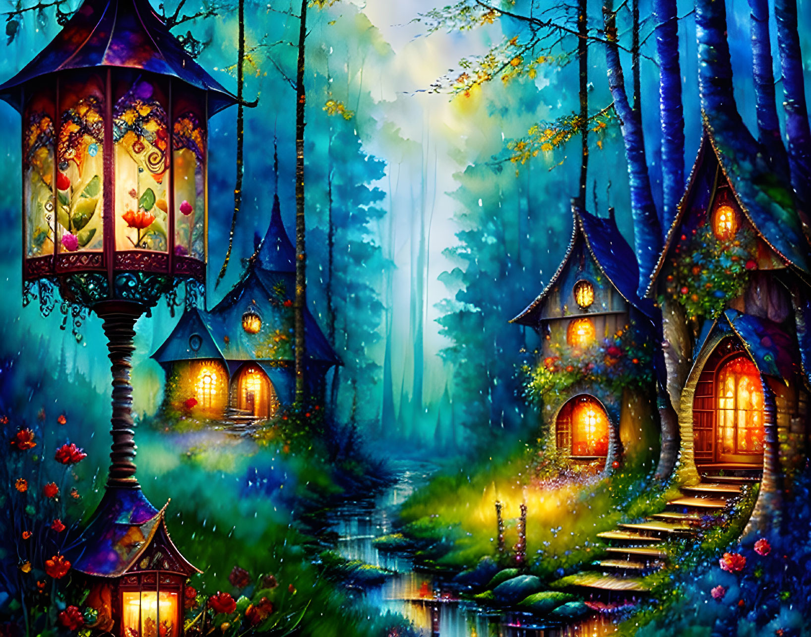 Whimsical cottages in enchanted forest with ornate streetlamp