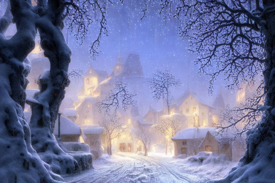 Snow-covered village at twilight with softly lit houses and falling snowflakes