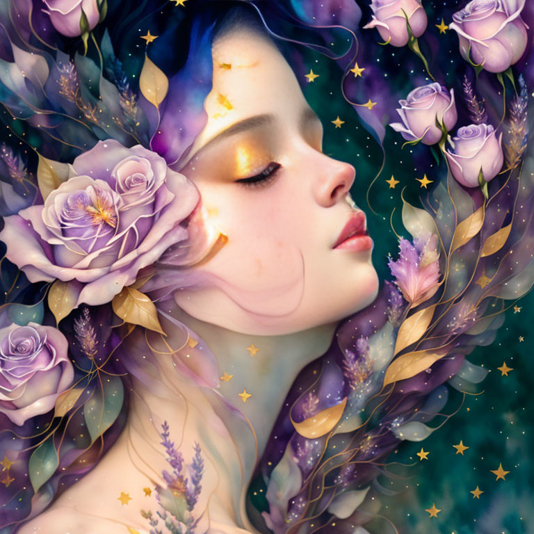 Woman in Purple Rose and Cosmic Element Artwork