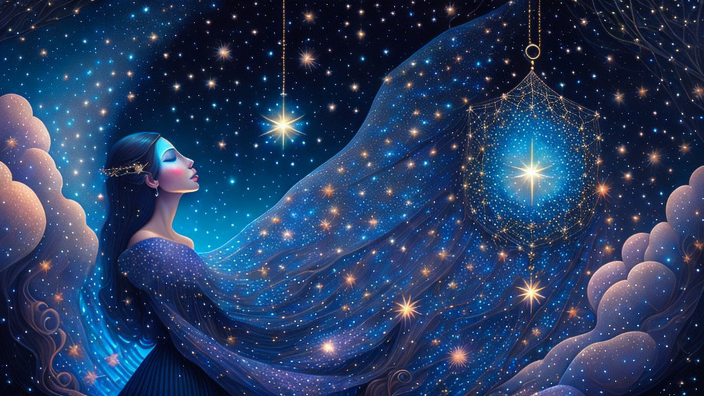 Woman in Starry Robes Merges with Cosmic Dreamcatcher & Night Sky