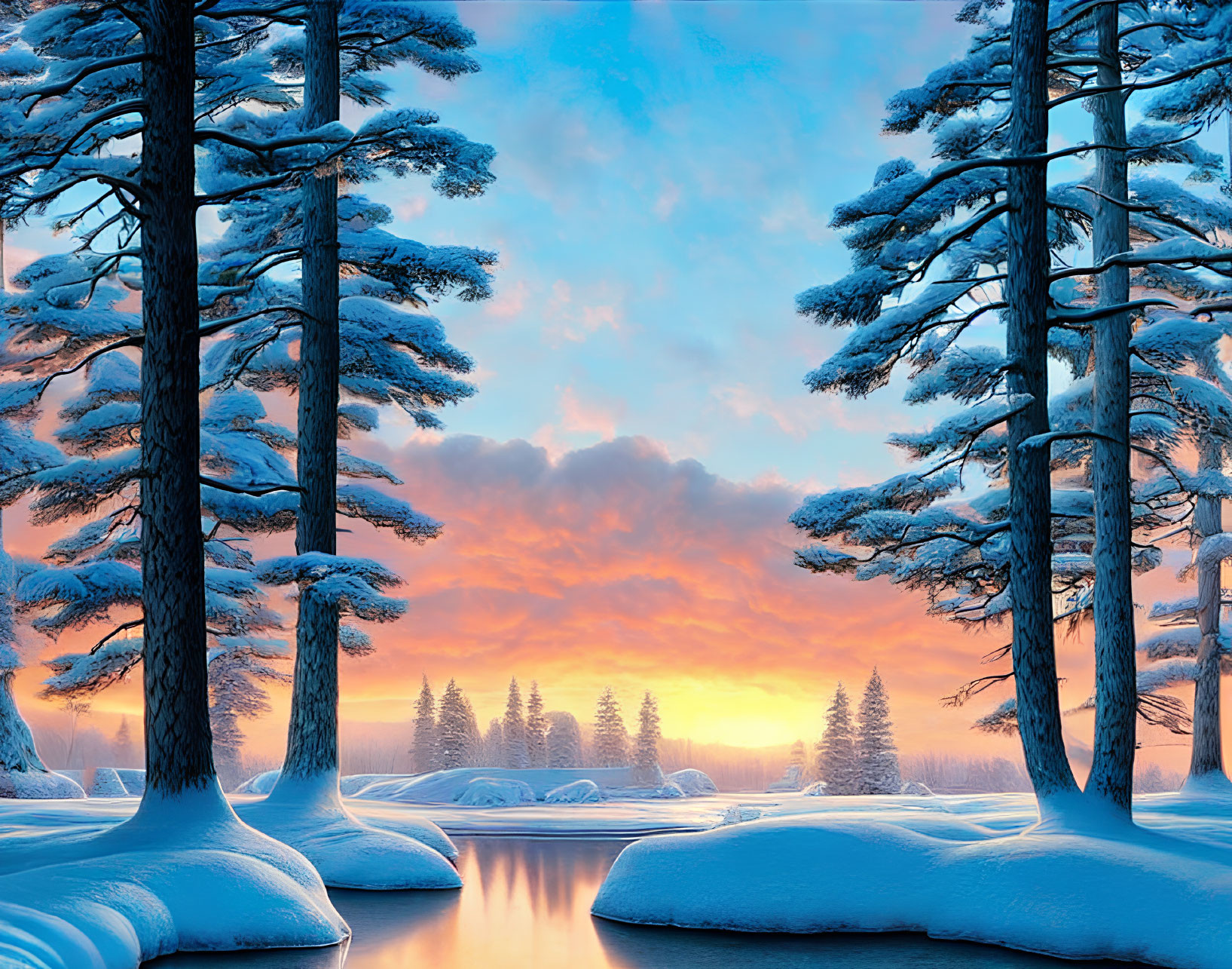 Tranquil river with snow-covered trees at vibrant sunset