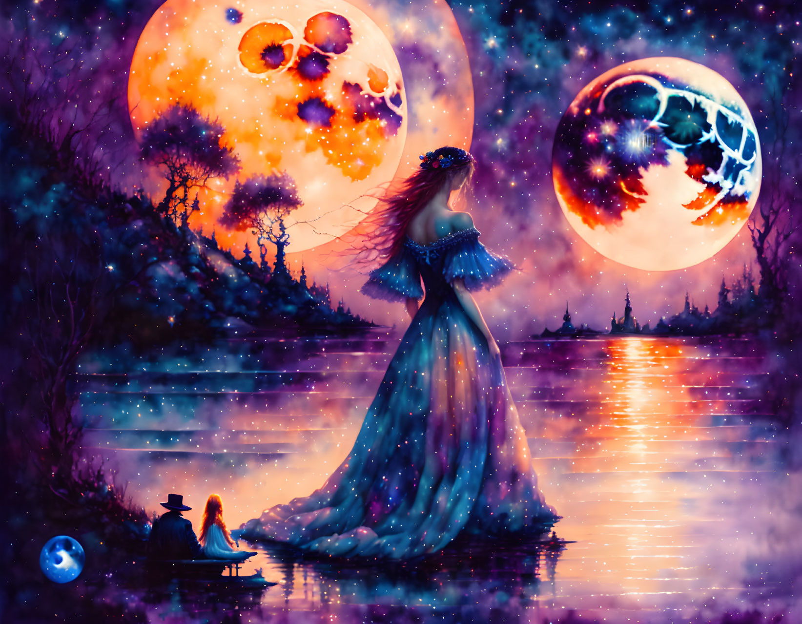 Surreal illustration of woman in flowing dress under starry sky